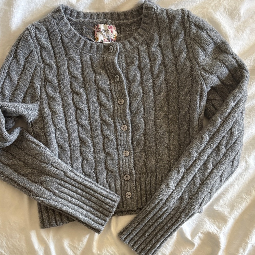 Gray Cable Knit Cardigan Sweater